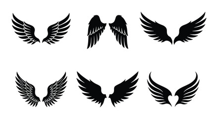 Black wing silhouettes set, 6 pairs of decorative bird and angel wings, heraldic feather wing icons for logo design and tattoo art © Anwar