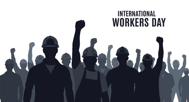 International workers day illustration with silhouettes of raised fists and workers