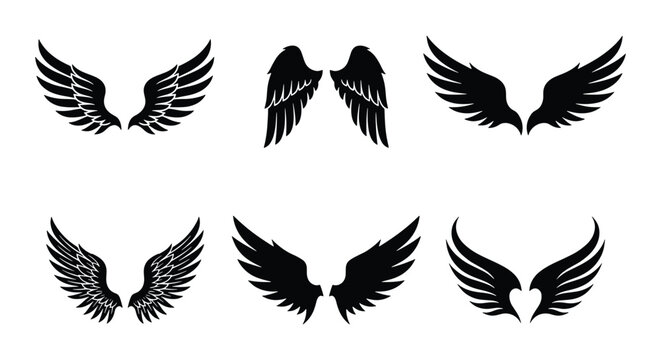 Black wing silhouettes set, 6 pairs of decorative bird and angel wings, heraldic feather wing icons for logo design and tattoo art