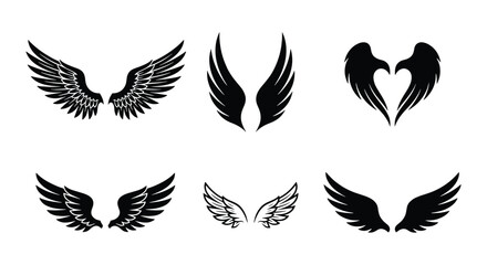 Fototapeta premium Black wing silhouette icons, set of 6 heraldic eagle and angel wings, decorative feather wing vector elements for logo design and tattoos