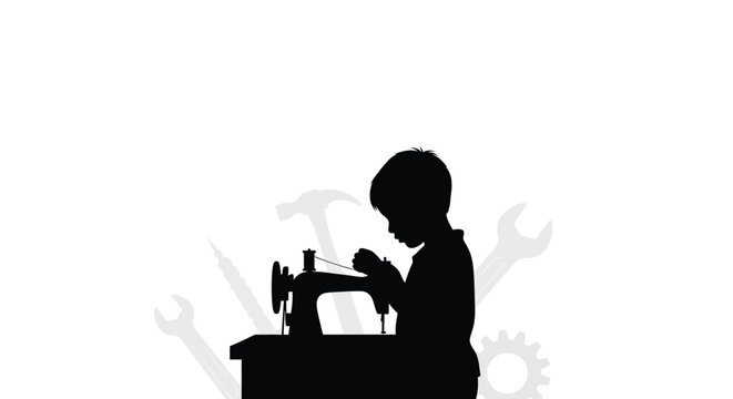 Silhouette of a child sewing with tools in the background
