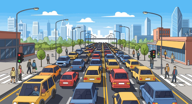 Pixel Art City Traffic Jam: Cars and Pedestrians in Urban Congestion