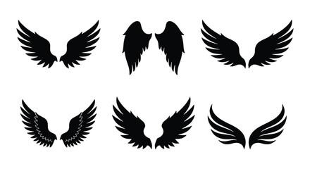 Black wings silhouette collection, set of 6 bird and angel wing vector icons, heraldic feather wing symbols for logo design and tattoo art © Anwar