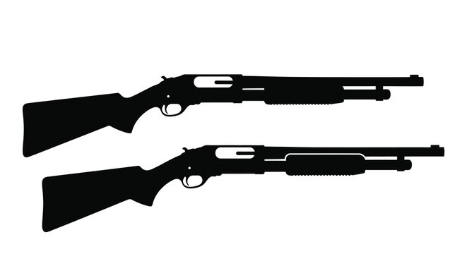 Two black silhouettes of pump action shotguns are displayed against a white background silhouette