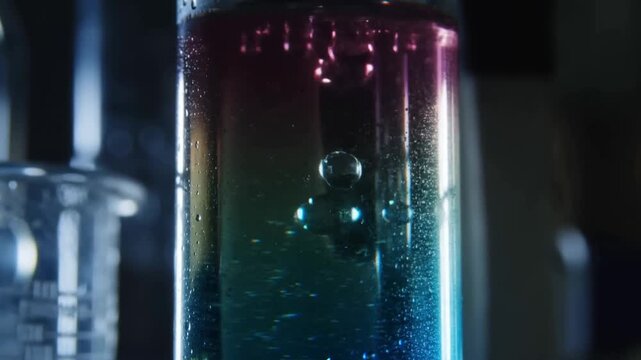 Slow motion static zoom tracking of bubbles rising in glass cylinder inside laboratory beaker on science bench under low light