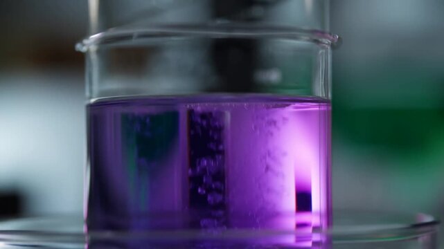 Slow motion close up of beaker liquid changing color and bubbling on laboratory bench during chemistry experiment