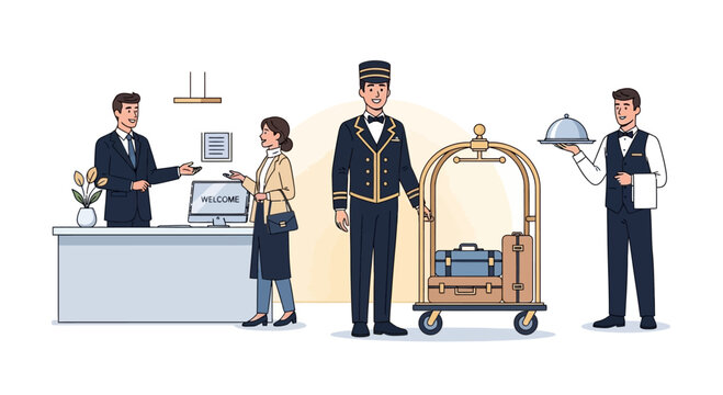 Hotel staff assisting guests with luggage and check-in at reception desk