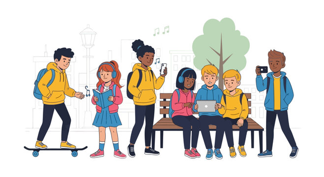 Diverse group of kids enjoying technology and music outdoors on a sunny day