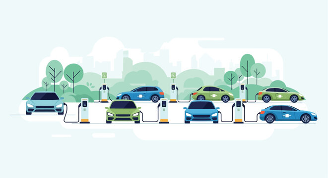 Electric vehicles charging at stations with a city skyline backdrop