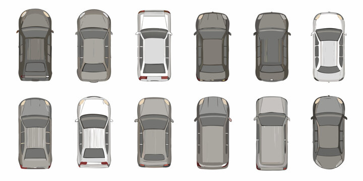 Top down view of various modern car models arranged in a grid pattern