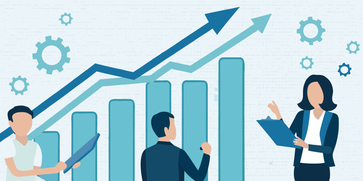 Business professionals analyzing upward trending graphs and discussing growth strategies