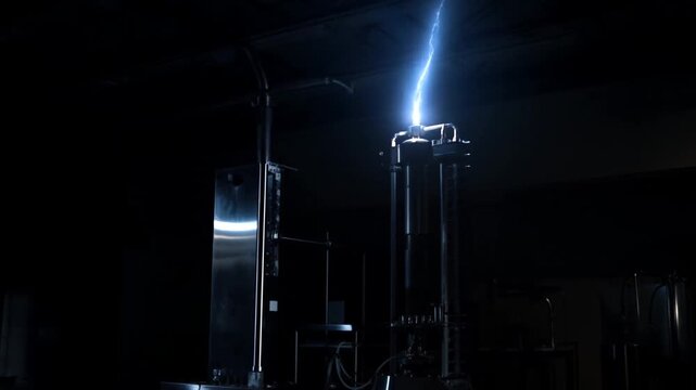 Static shot of tesla coil emitting intense electric arcs inside dark industrial laboratory workshop