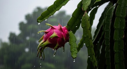 dragon fruit on plant in rain