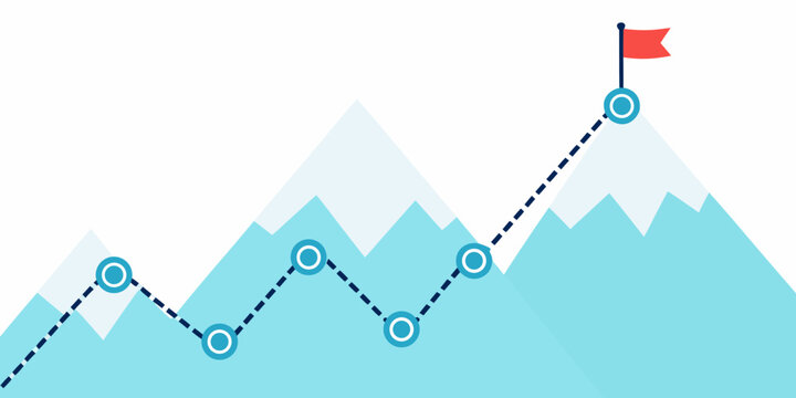 An upward trend is illustrated with a dashed line and mountain peaks