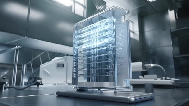 Slow motion tilt tracking dolly shot of transparent battery module powering and glowing on laboratory bench in industrial cleanroom environment