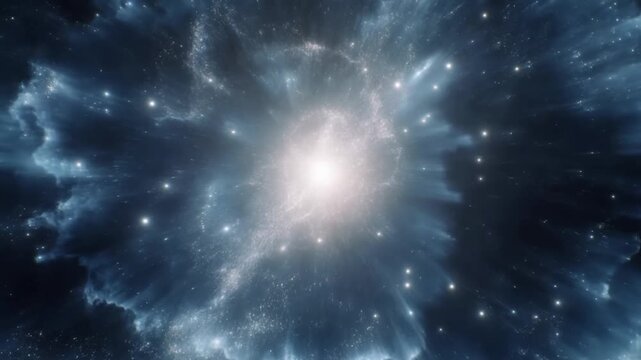 Slow zoom tracking shot of bright stellar explosion radiating particles and glowing gas inside deep space nebula
