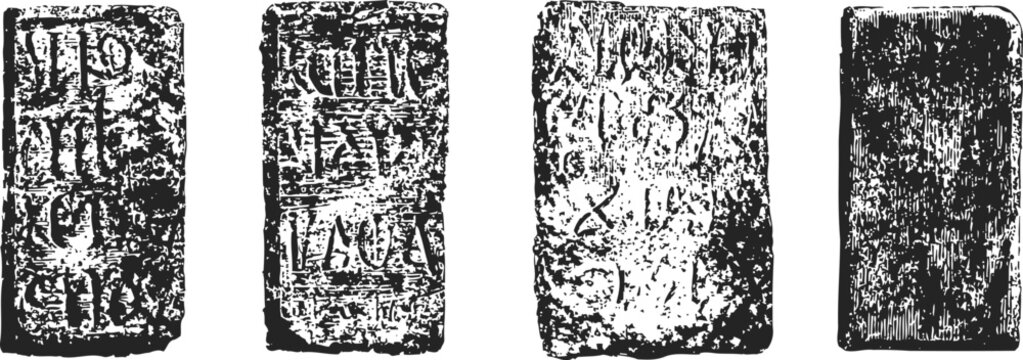 Ancient stone tablets with carved inscriptions and weathered textures isolated on white background