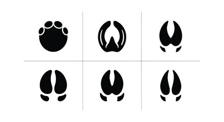 Animal hoof prints collection, black silhouette paw and hoof track icons, 6 vector elements of wildlife and livestock footprints for nature design © Anwar