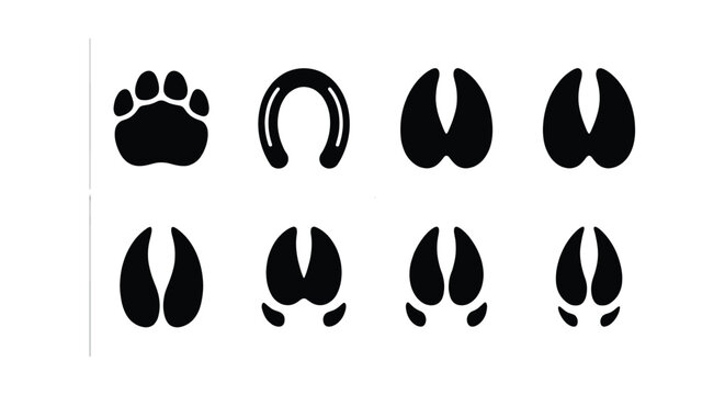 Animal track icons set, black paw print and hoof silhouettes, 8 vector elements including horseshoe and cloven hoof marks for wildlife tracking
