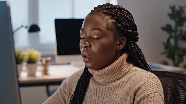 Tired Black woman closing her eyes at a computer in an office. Employee taking a deep breath to manage stress and fatigue. Mental health and burnout at work concept