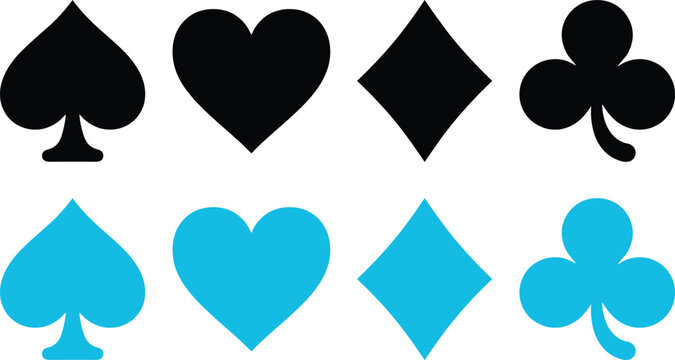 Playing card suits, spade, heart, diamond, club icons, black and blue, vector graphics