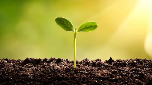 Close up of a green plant sprout in rich soil