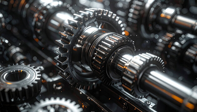 Intricate Gears in Motion: A close-up shot showcasing the precision of engineered metal gears in perfect sync, exemplifying the seamless operation of industrial machinery.