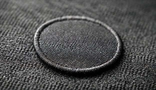 A black circular fabric patch with stitched border on textured gray textile background