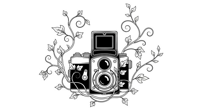 Detailed vintage twin-lens reflex camera illustration with intricate leafy vines. Retro photography art.