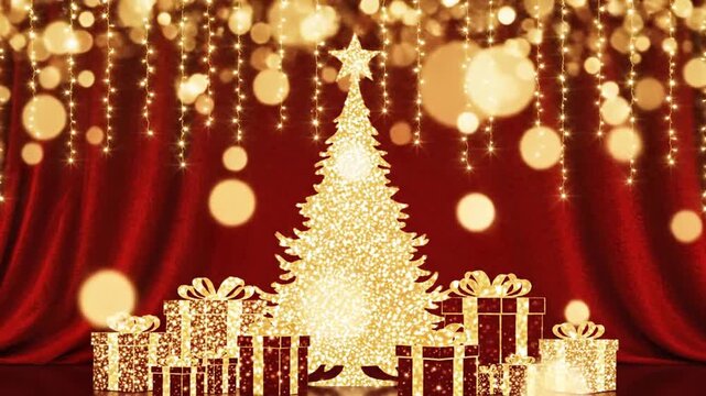 Glittering christmas tree and gifts with string lights festive background