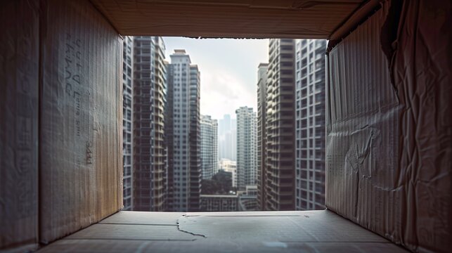 A single toy inside a dark box looking out at a modern city skyscraper. Conceptual image of the housing trap, childhood hardship, and out-of-reach dreams.