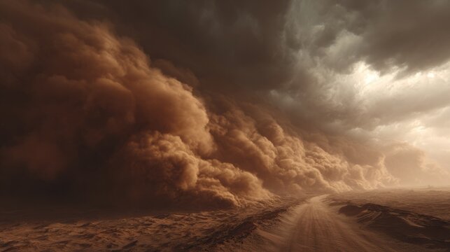 Massive sandstorm blowing across the desert with thick clouds of dust and dust devils