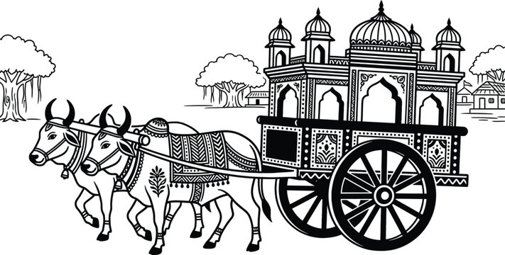 Indian, traditional, bullock cart, vector illustration, black and white, transportation, India