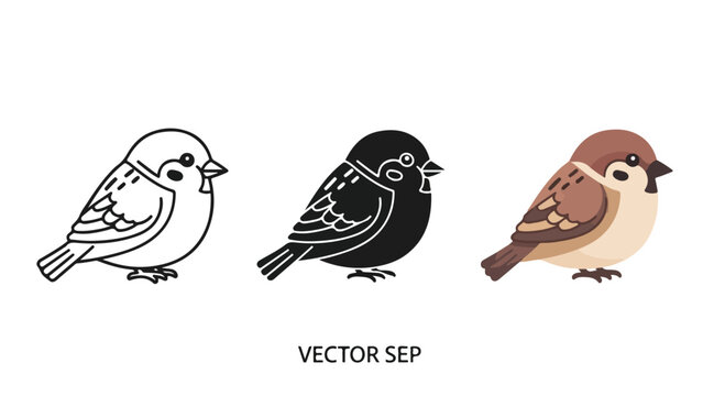 Set of three cute cartoon birds in different color styles including outline, solid black, and detailed brown with wings