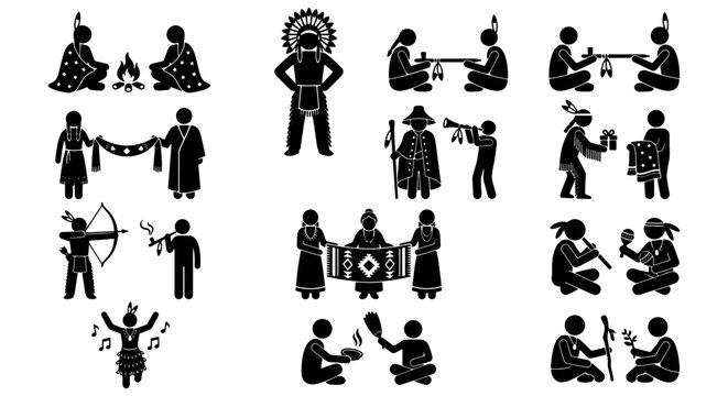 Native American indigenous people stick figure icons, tribal culture and traditional ceremony vector set, ethnic heritage and historical life illustrations