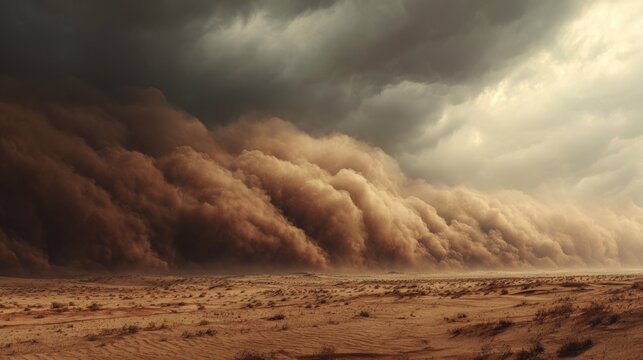 Massive sandstorm sweeping across desert landscape with thick clouds of dust and turbulence