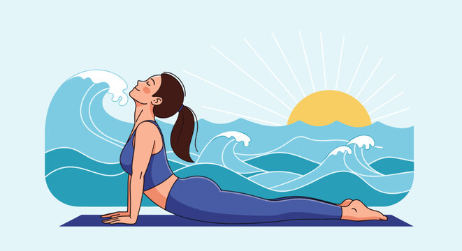 Fit young woman practicing cobra yoga pose on a mat at the beach with ocean waves and a beautiful sunrise in background.