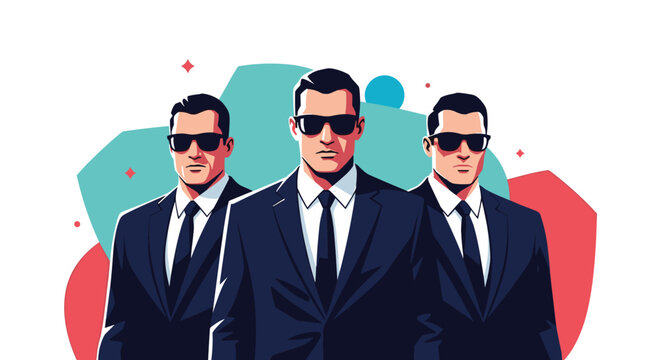 Group of three professional security bodyguards wearing black suits and dark sunglasses standing in serious formation.