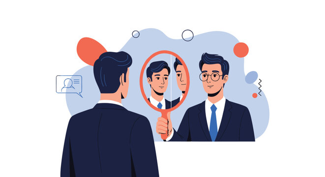 Man in a suit looking into a mirror and seeing his reflection representing self-reflection and personal growth.