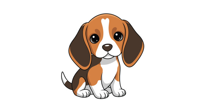 Adorable young beagle puppy with big brown eyes sitting and looking curious against a plain and clean white background.