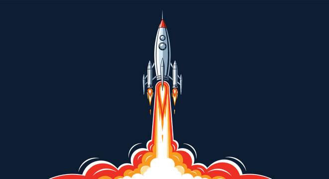 Powerful space rocket taking off with massive fire and clouds of smoke against a dark night sky background.