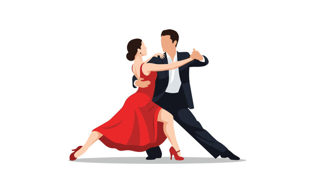 Romantic couple performing a passionate tango dance together with woman in red dress and man in a black formal suit.