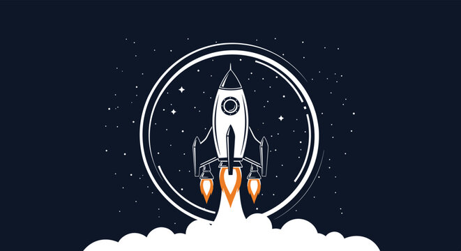 Classic rocket ship launching into deep space surrounded by glowing white stars and a circular moon or planet frame decoration.
