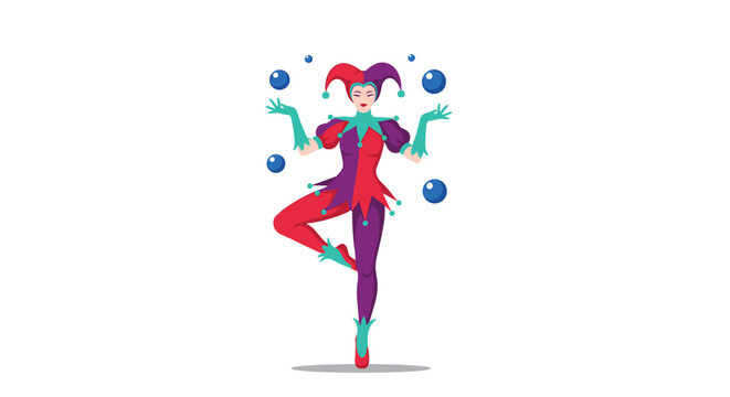 Skilled female jester wearing a colorful purple and red costume juggling blue balls while balancing gracefully on one leg.