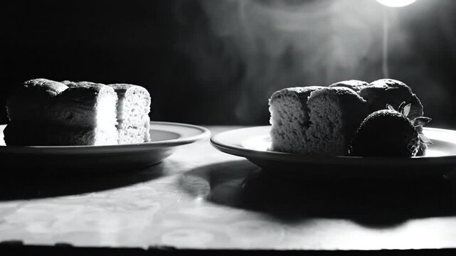 Black and white close up of two plates of sliced bread, one with strawberry, steam rising into a dark background