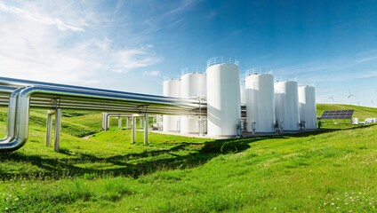 Fototapeta premium Sustainable green energy facility with storage tanks solar panels and wind turbines in nature