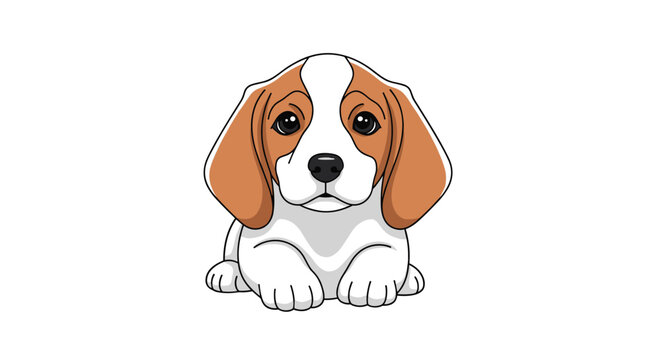 Cute young beagle puppy with brown and white fur sitting and looking forward with large adorable dark eyes.