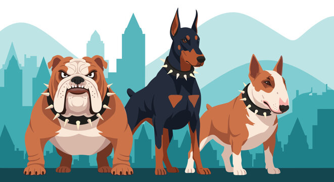 Group of powerful guard dogs including a bulldog, doberman, and bull terrier standing in front of city buildings.