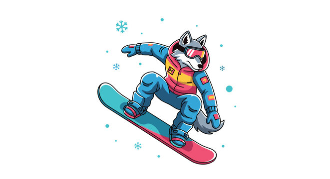 Cool wolf character dressed in winter gear performing an impressive jump on a snowboard with falling snowflakes.