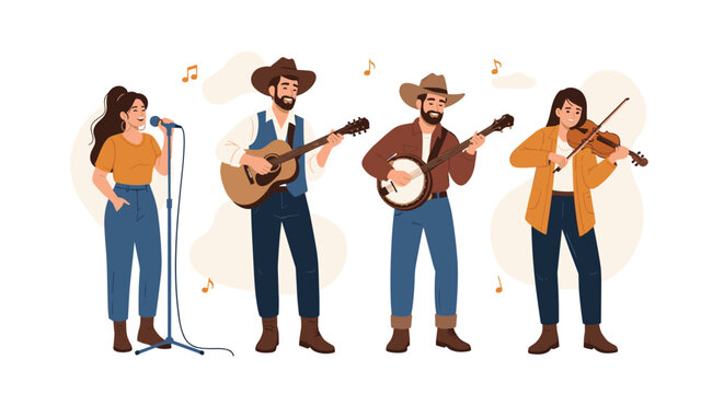 Country music band performing with acoustic guitar, banjo, violin, and female vocalist in traditional western outfits and cowboy hats.